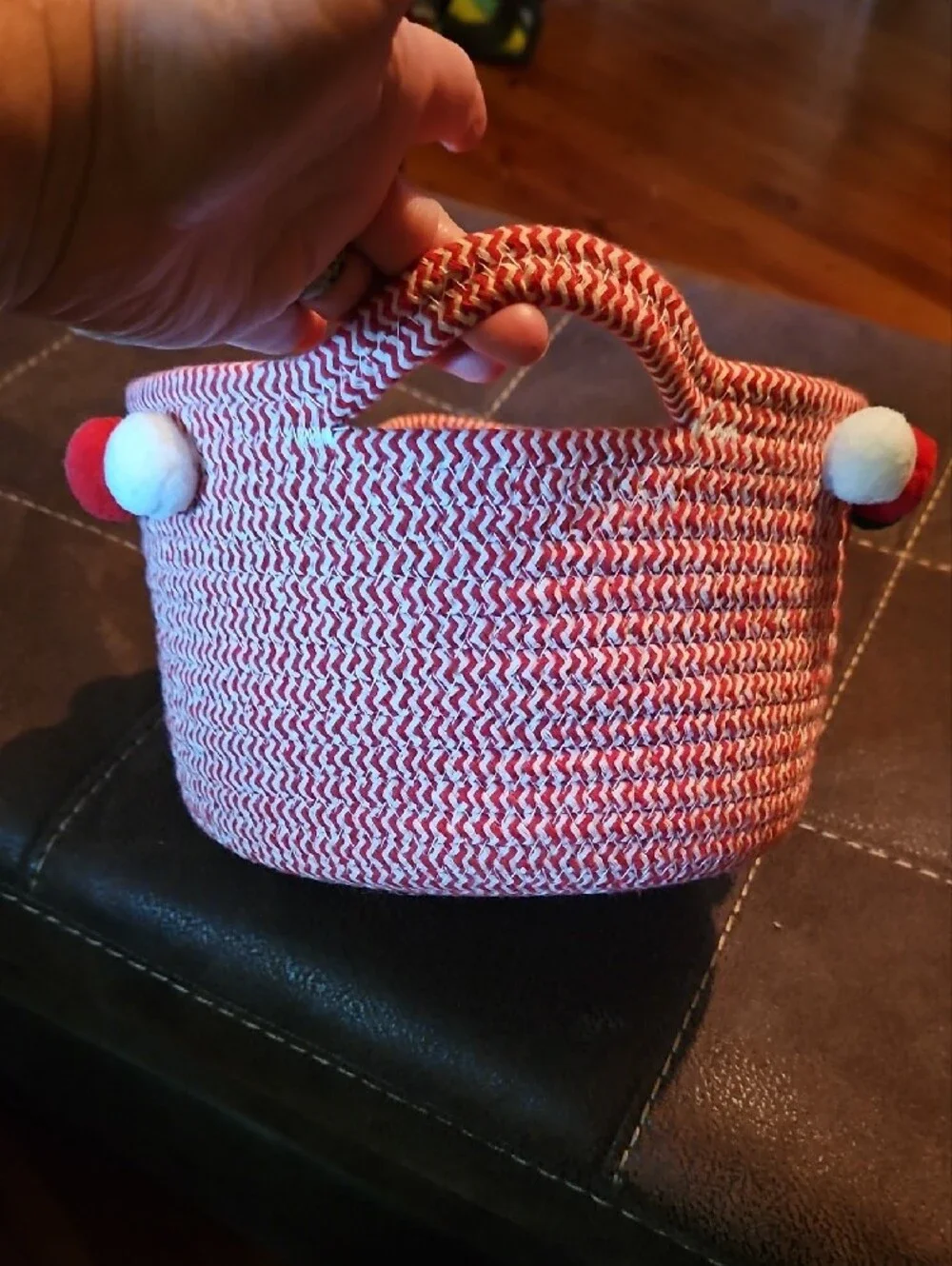 Red Woven Rope Basket with Pom-Pom Trim